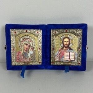 Russian Orthodox Diptych Travel Icon Virgin Mary Jesus Christ Blue Velvet Case